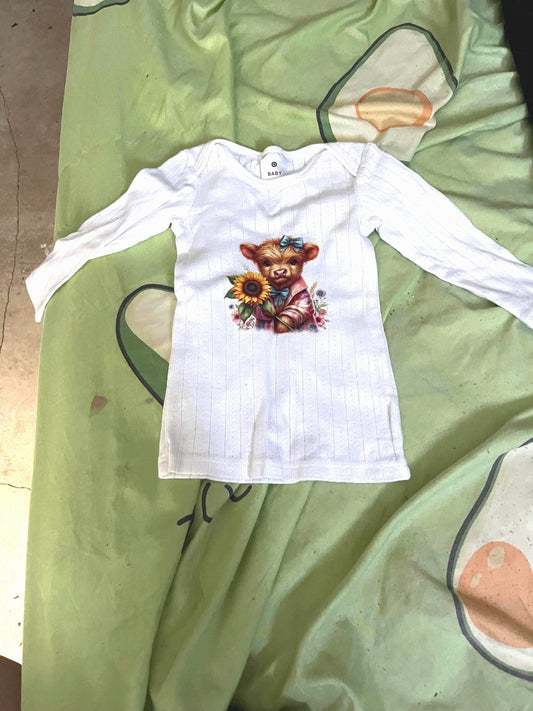 Sunflower Highland Cow Baby Long Sleeve: Country Newborn Outfit