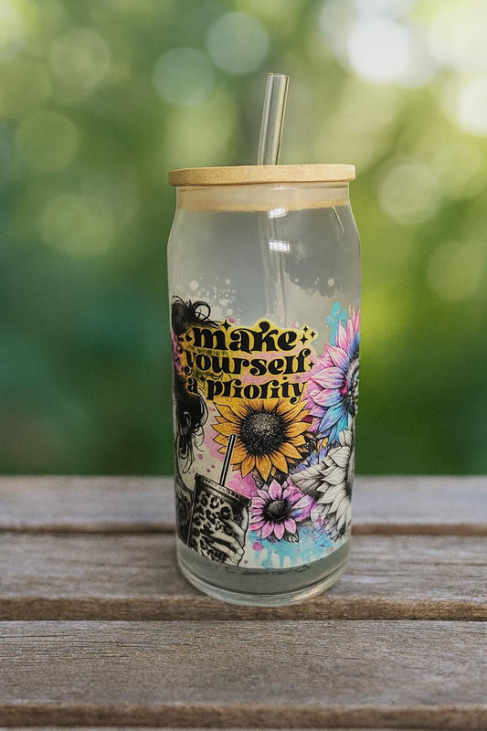 Butterfly Sunflower Glass Tumbler with Bamboo Lid & Straw: Iced Coffee Cup