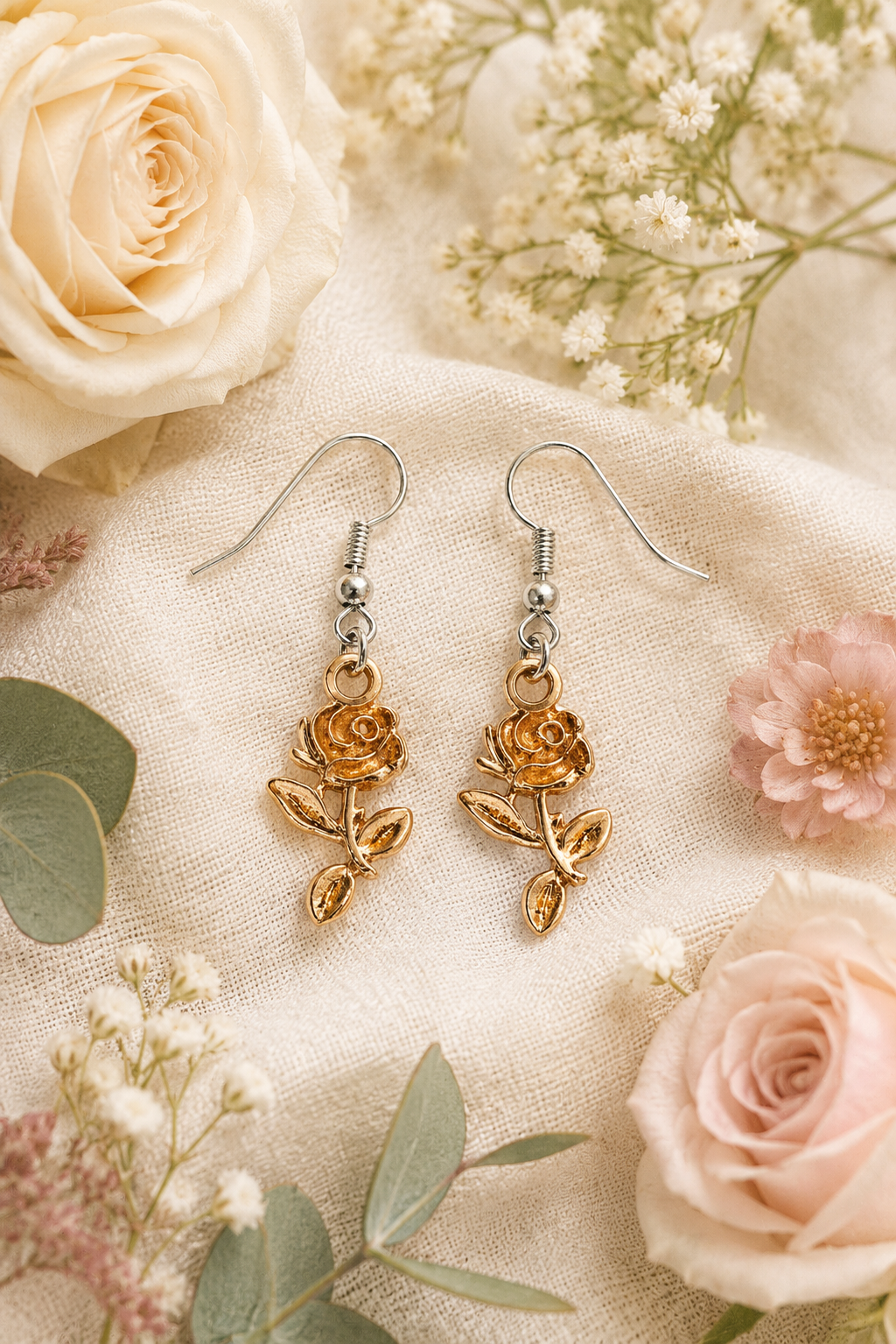 Gold Rose Earrings – Floral Dangle Jewelry, Romantic Gift for Her