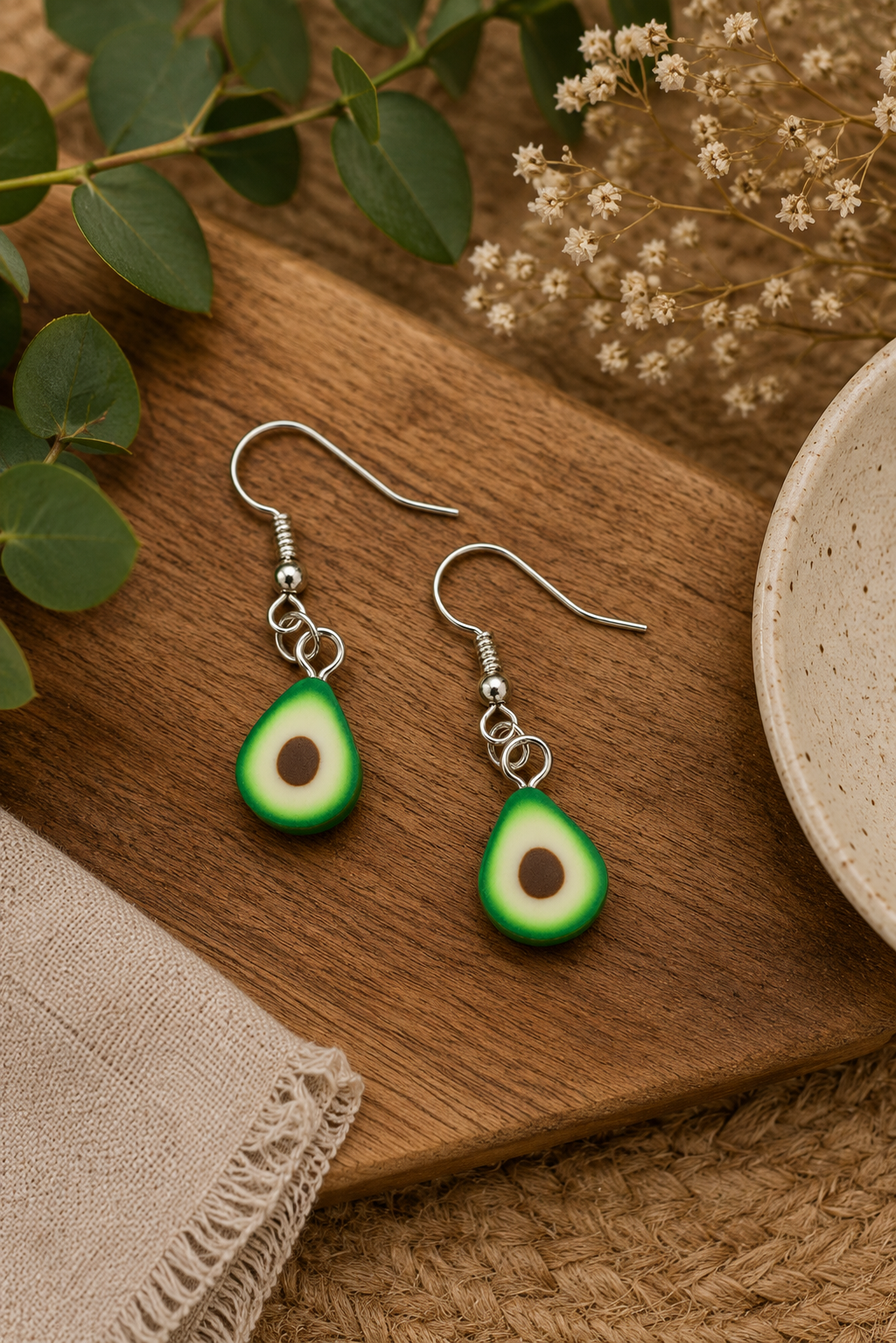 Handmade Avocado Slice Earrings: Fun Quirky Dangle Jewellery