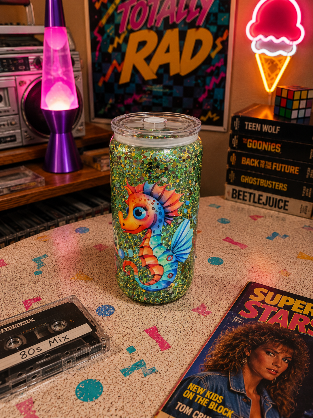 Bug eyed seahorse glass snow globe tumbler