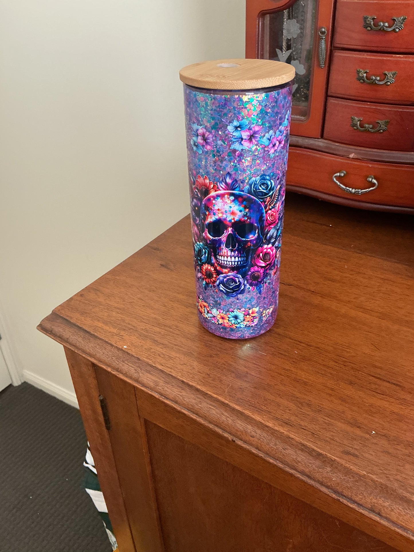 20 Oz Floral Skull Glitter Tumbler with Bamboo Lid