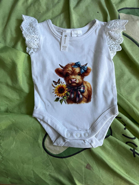 Sunflower Highland Cow Baby Bodysuit | Country Newborn Outfit