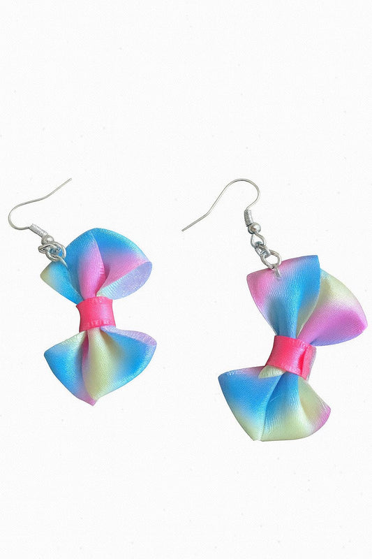 Handmade Rainbow Ribbon Bow Earrings: Kawaii Colorful Jewelry