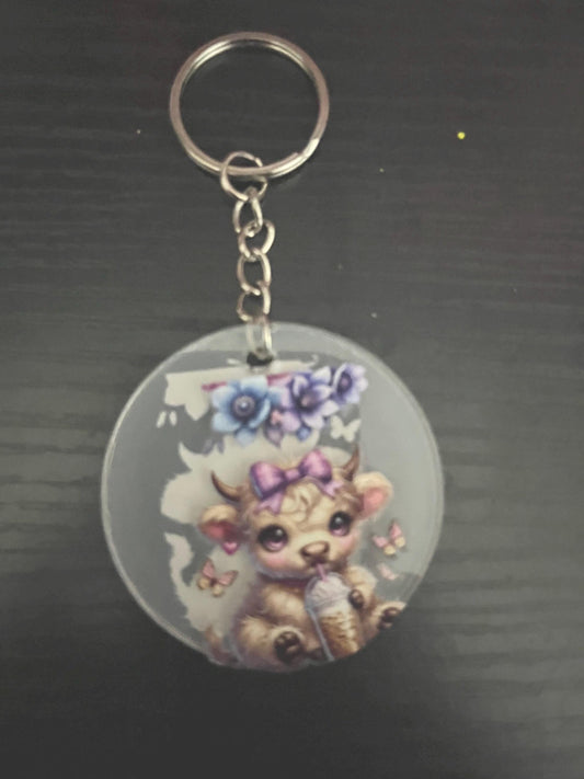 Double-Sided Acrylic Keychain: Cow, Coffee, Floral, Skull & Heart Designs