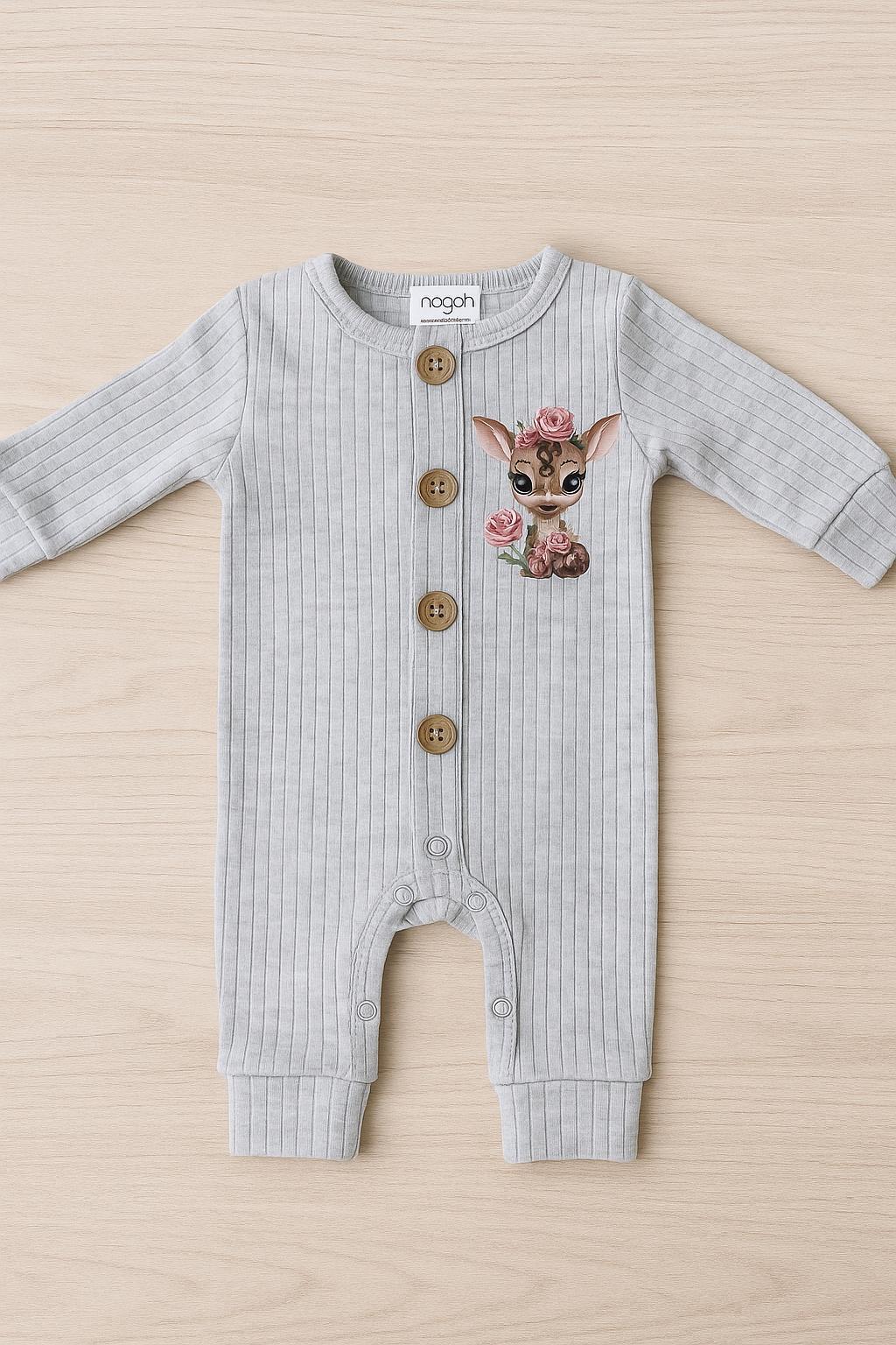 Deer Print Baby Romper: Handmade Newborn Onesie - Neutral & Mint