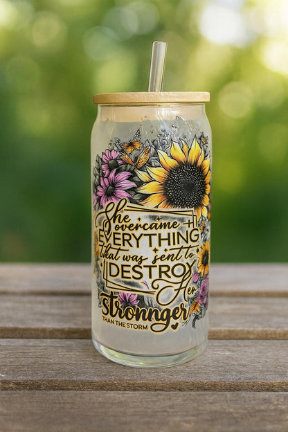 Sunflower Frosted Glass Can Tumbler: "Stronger Than The Storm" 16oz w/ Bamboo Lid
