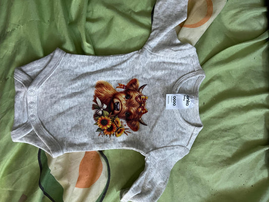 Sunflower Highland Cow Baby Bodysuit: Country Newborn Outfit