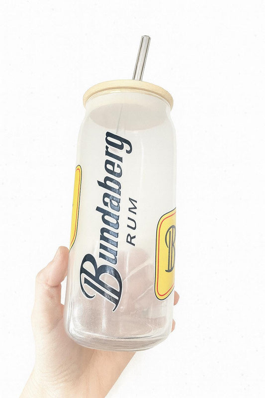 Bundaberg Rum Glass Can Cup: Aussie Drinkware with Bamboo Lid & Straw