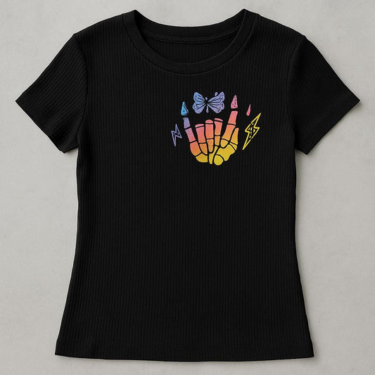 Rainbow Skeleton Hand Graphic Tee: Edgy Mom Shirt, Size 8