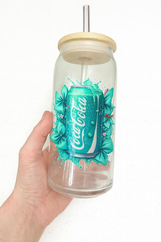 Teal Floral Glass Can Cup with Bamboo Lid & Straw