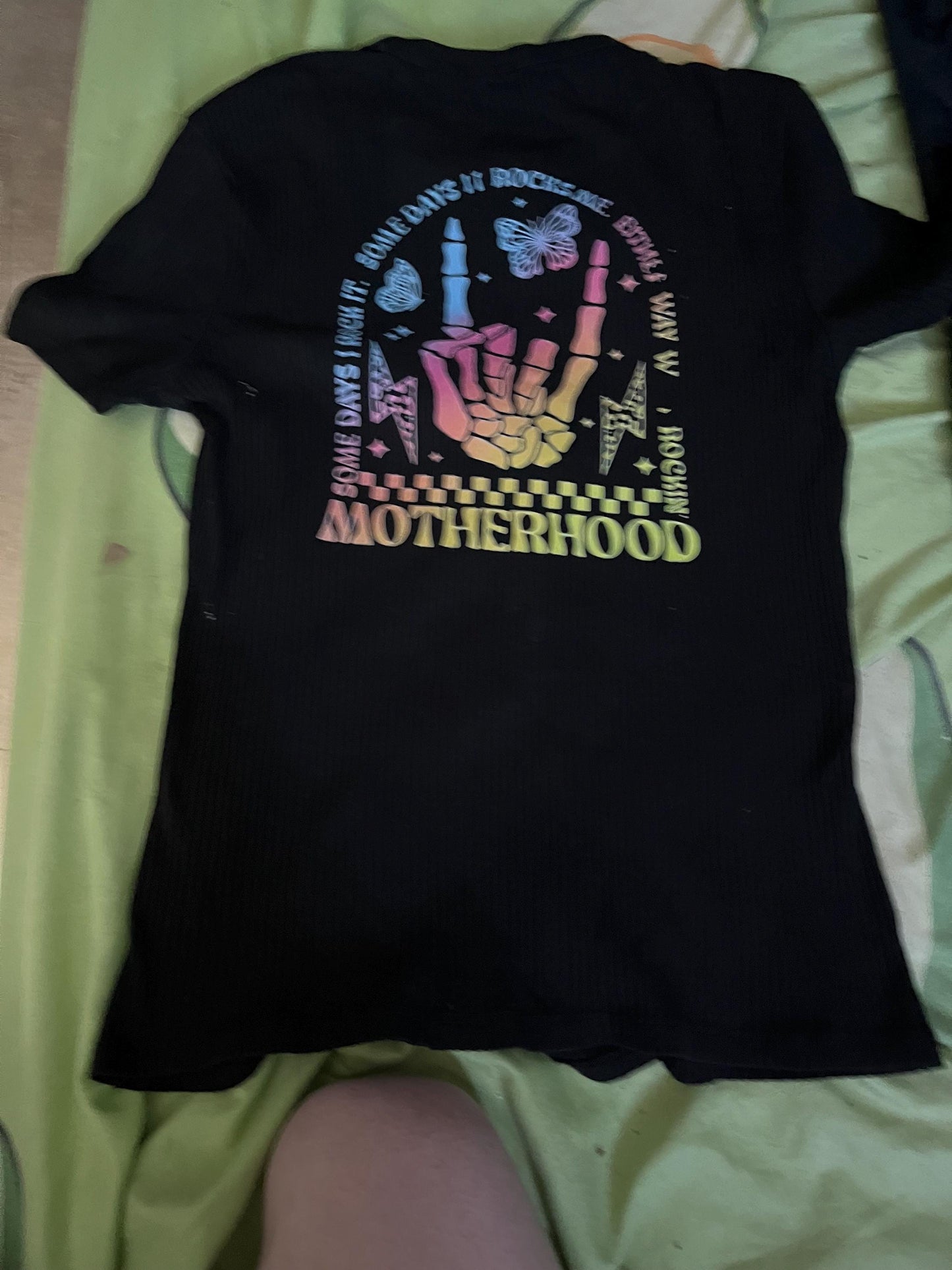 Rainbow Skeleton Hand Graphic Tee: Edgy Mom Shirt, Size 8