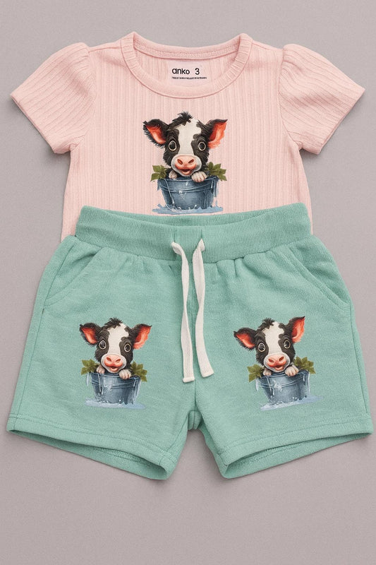 Toddler Girl’s 2-Piece Outfit – Cow Print Set (bodysuit & Shorts)