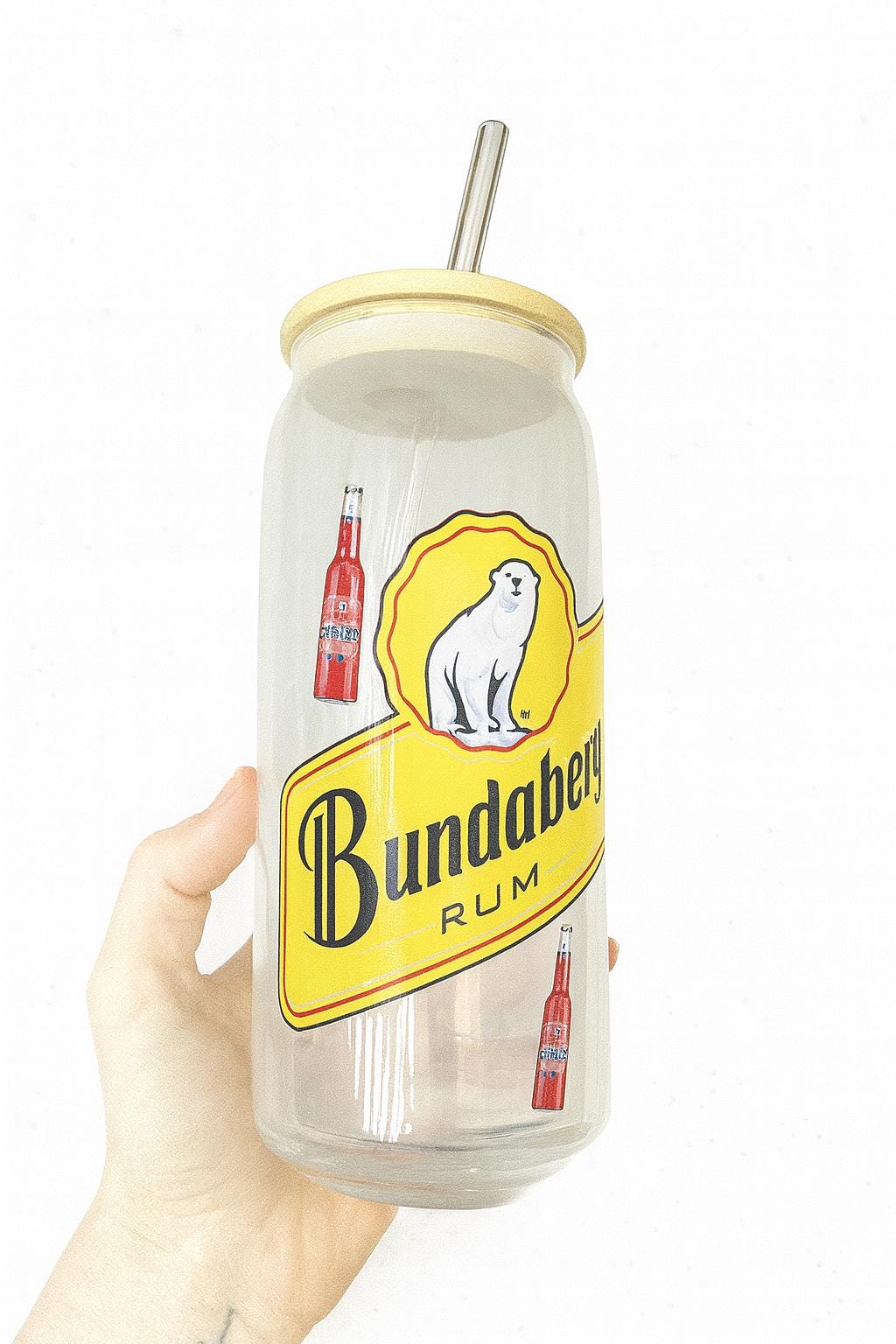 Bundaberg Rum Glass Can Cup: Aussie Drinkware with Bamboo Lid & Straw