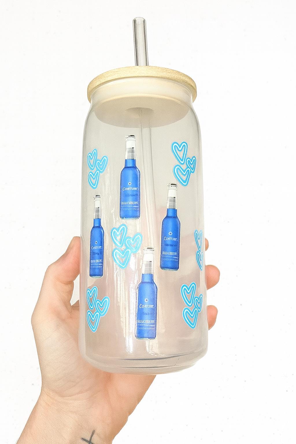 Blue Heart Glass Can Cup with Bamboo Lid & Straw