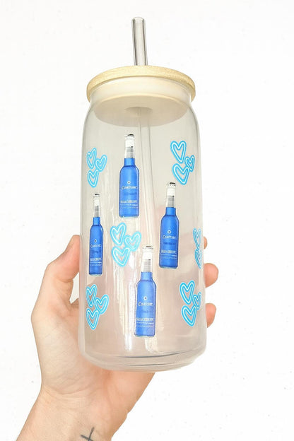 Blue Heart Glass Can Cup with Bamboo Lid & Straw