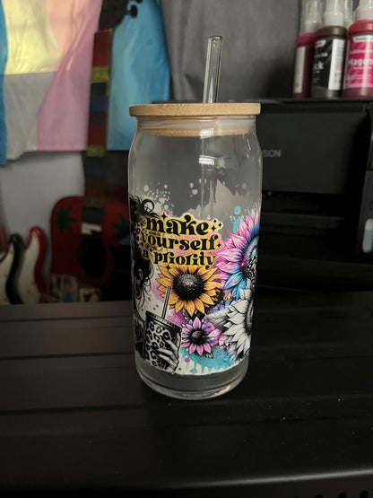 Butterfly Sunflower Glass Tumbler with Bamboo Lid & Straw: Iced Coffee Cup
