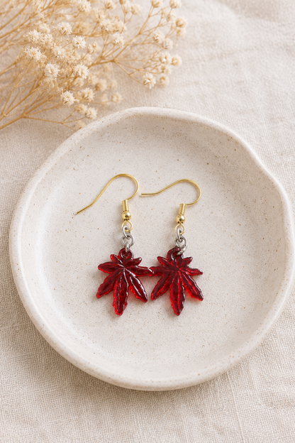 Handmade Red Leaf Dangle Earrings | Lightweight Resin