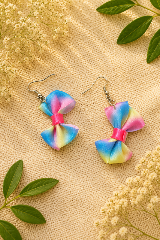 Handmade Rainbow Ribbon Bow Earrings: Kawaii Colorful Jewelry