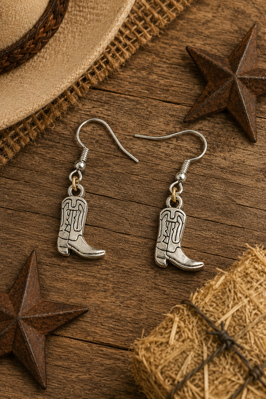 Silver Tone Cowboy Boot Earrings: Western Dangle Jewelry