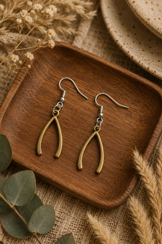 Antique Brass Wishbone Earrings – Unique Minimalist Dangle Jewelry