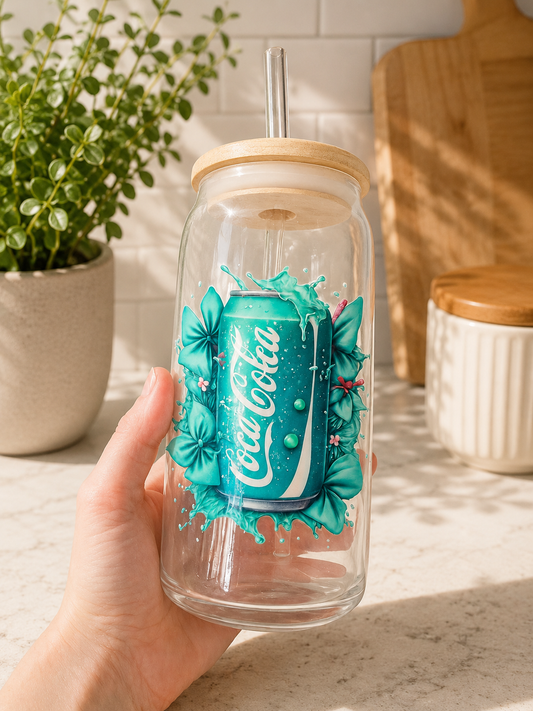 Teal Floral Glass Can Cup with Bamboo Lid & Straw
