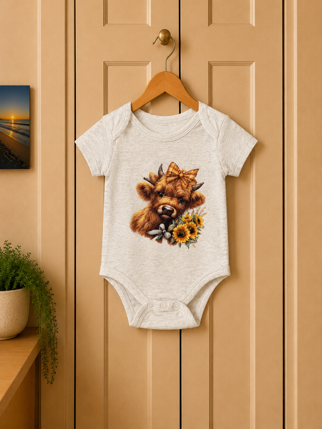 Sunflower Highland Cow Baby Bodysuit: Country Newborn Outfit