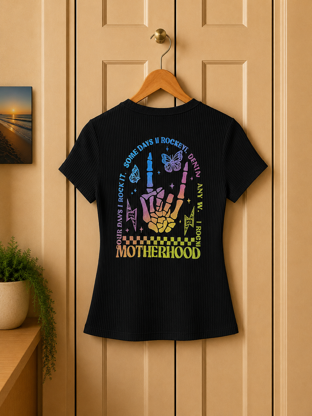 Rainbow Skeleton Hand Graphic Tee: Edgy Mom Shirt, Size 8