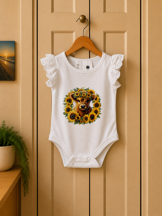 Sunflower Highland Cow Baby Bodysuit | Country Newborn Outfit