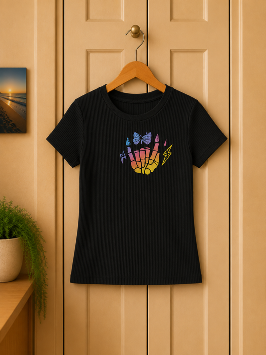 Rainbow Skeleton Hand Graphic Tee: Edgy Mom Shirt, Size 8