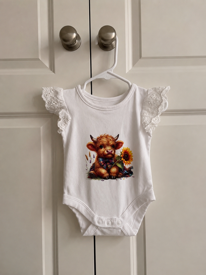 Sunflower Highland Cow Baby Bodysuit | Country Newborn Outfit