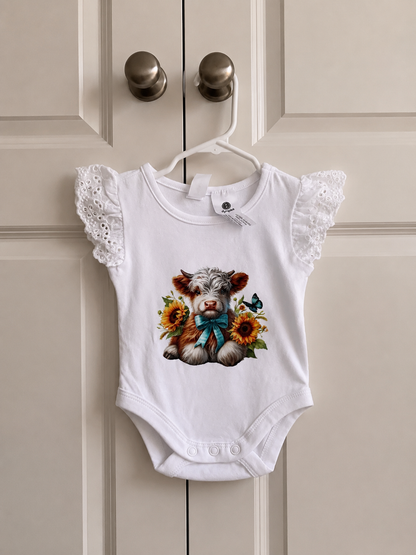 Sunflower Highland Cow Baby Bodysuit | Country Newborn Outfit