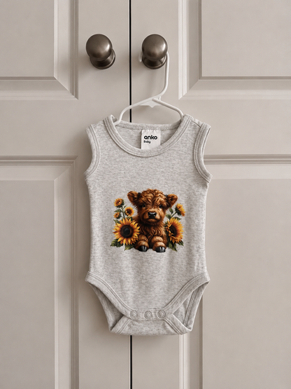 Sunflower Highland Cow Baby Bodysuit | Country Newborn Outfit