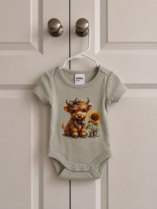 Sunflower Highland Cow Baby Bodysuit | Country Newborn Outfit