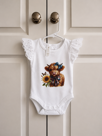 Sunflower Highland Cow Baby Bodysuit | Country Newborn Outfit