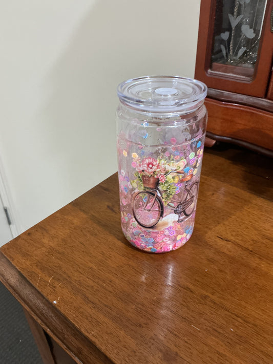 Glass Floral Bicycle Snow Globe Tumbler 16 Oz