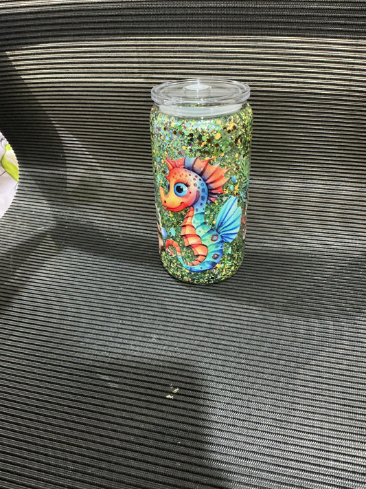 Bug eyed seahorse glass snow globe tumbler