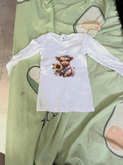 Sunflower Highland Cow Baby Long Sleeve: Country Newborn Outfit