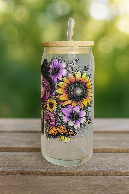 Sunflower Frosted Glass Can Tumbler: "Stronger Than The Storm" 16oz w/ Bamboo Lid