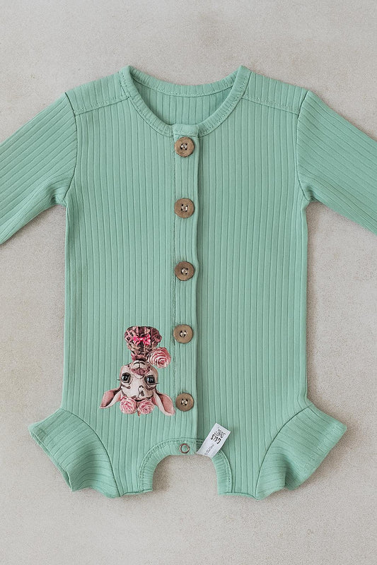 Deer Print Baby Romper: Handmade Newborn Onesie - Neutral & Mint