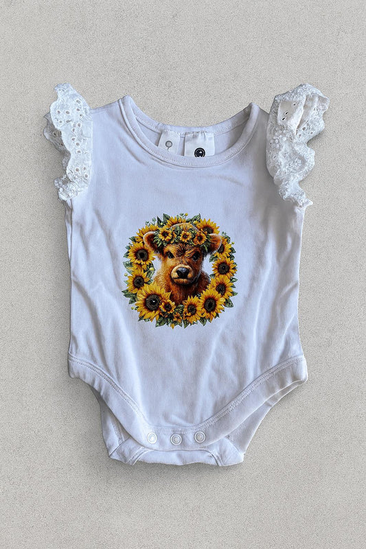 Sunflower Highland Cow Baby Bodysuit | Country Newborn Outfit