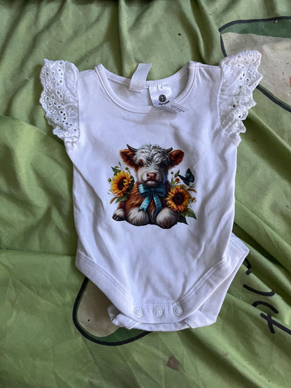Sunflower Highland Cow Baby Bodysuit | Country Newborn Outfit