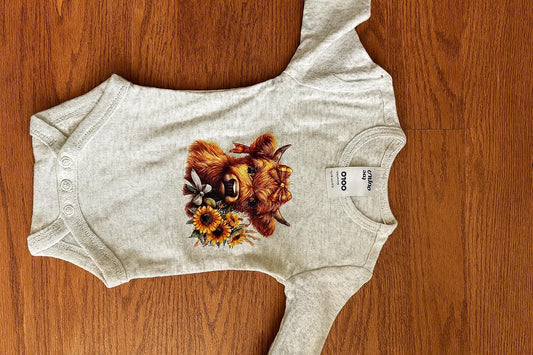 Sunflower Highland Cow Baby Bodysuit: Country Newborn Outfit