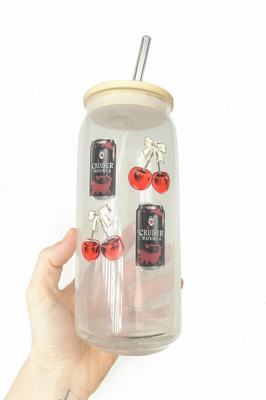 Cherry Glass Can Cup | Reusable Tumbler with Bamboo Lid & Straw