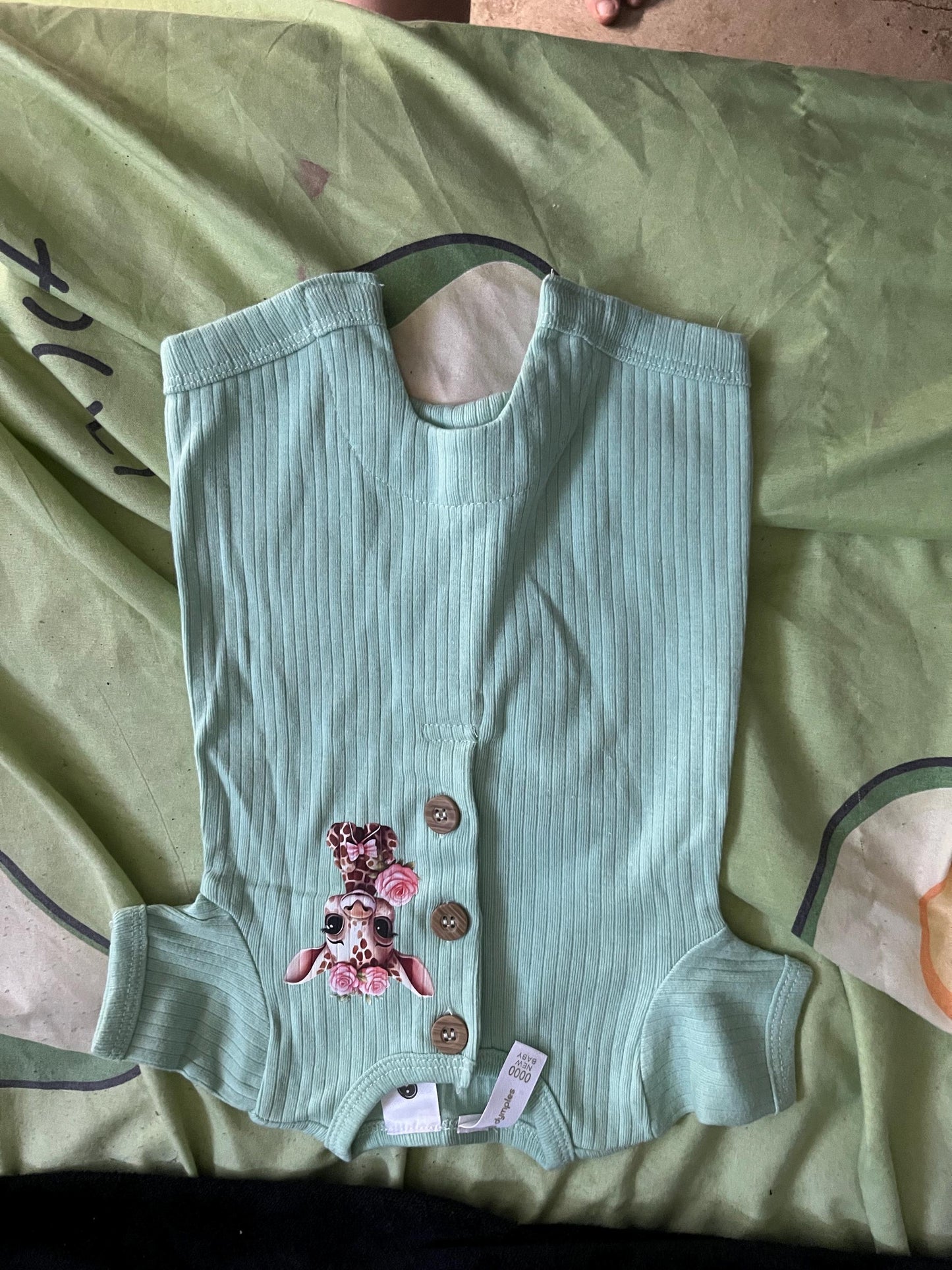 Deer Print Baby Romper: Handmade Newborn Onesie - Neutral & Mint