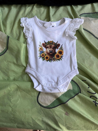 Sunflower Highland Cow Baby Bodysuit | Country Newborn Outfit