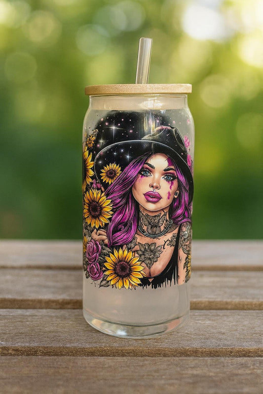 Sunflower Frosted Glass Can Tumbler: "Stronger Than The Storm" 16oz w/ Bamboo Lid