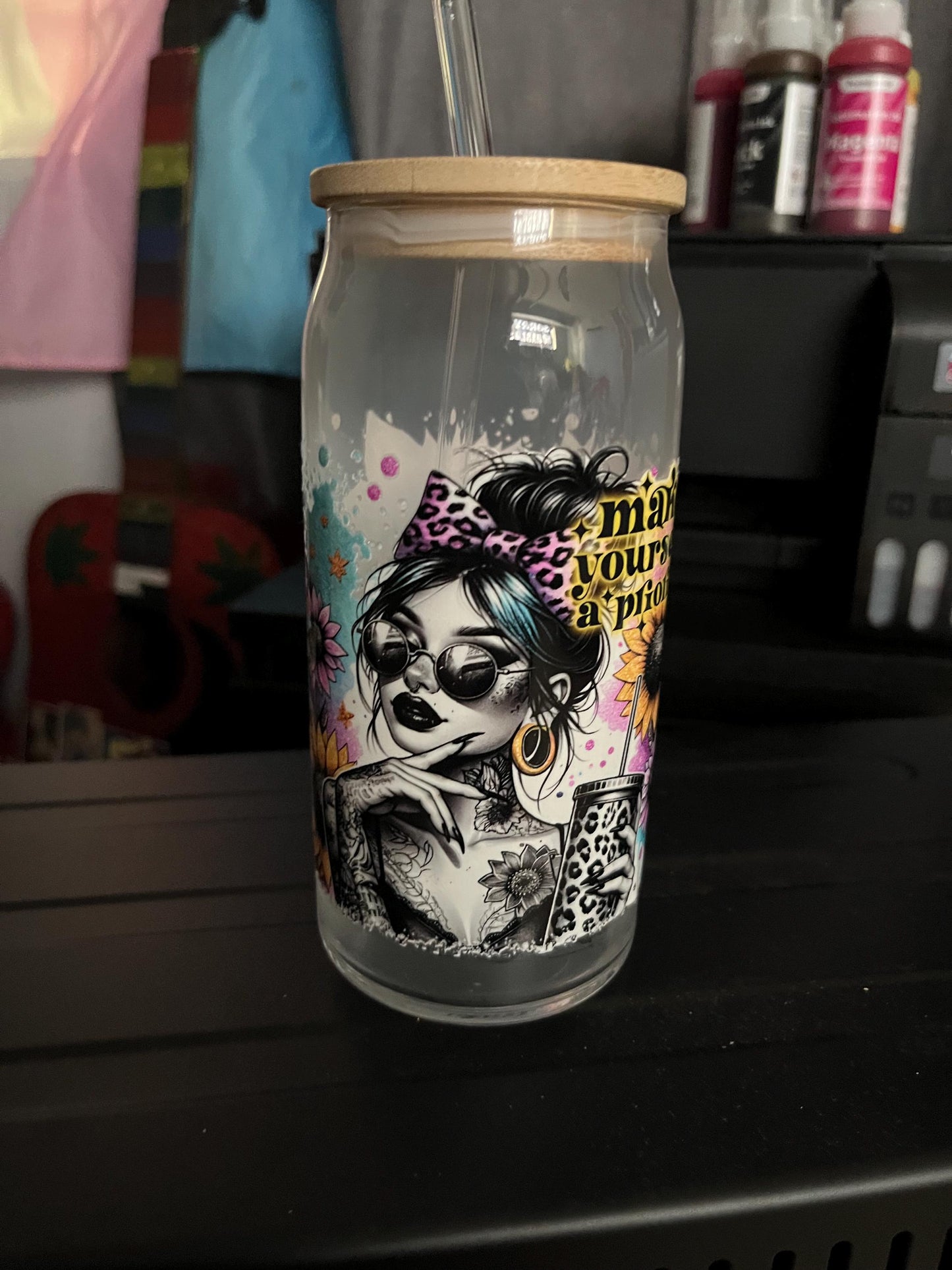 Butterfly Sunflower Glass Tumbler with Bamboo Lid & Straw: Iced Coffee Cup