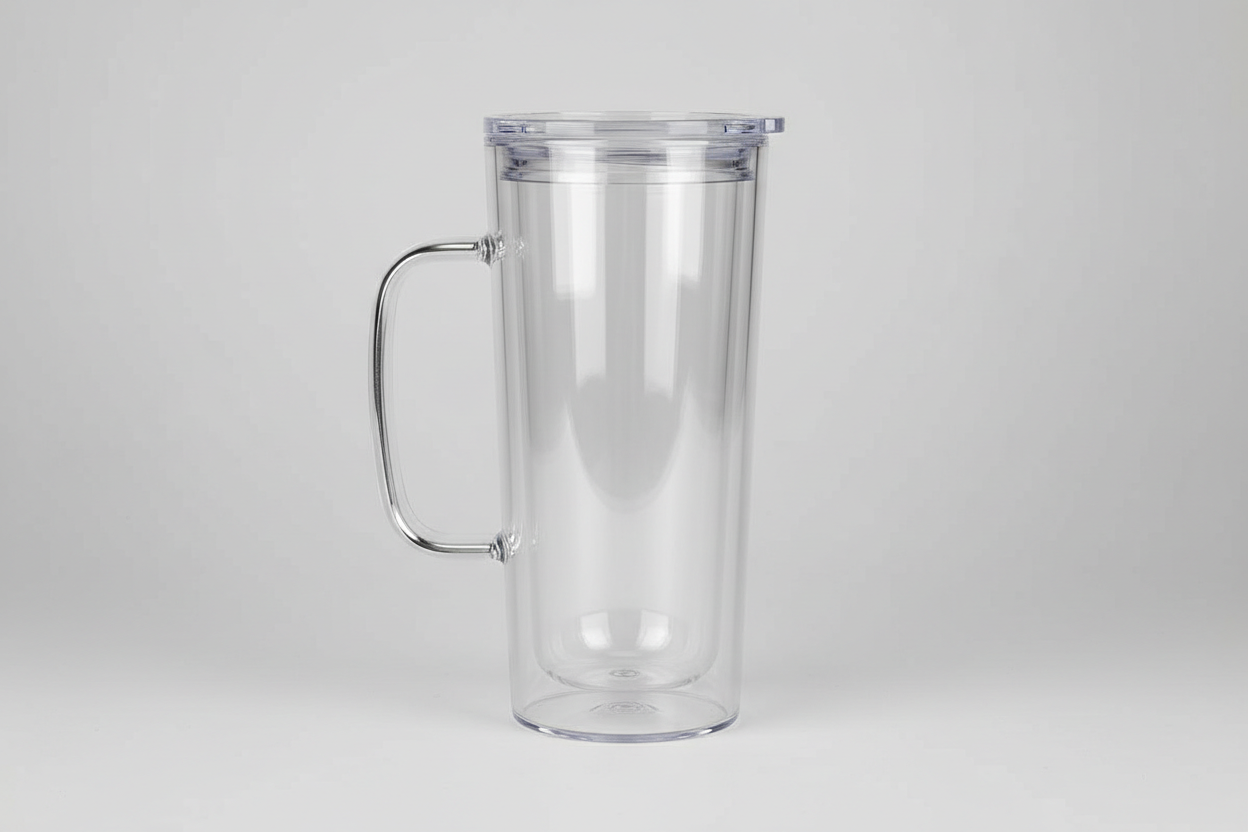 double wall, hollow chamber, glitter tumbler style, DIY snow globe cup, sublimation blank, clear acrylic, handled tumbler not a mug 