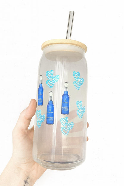 Blue Heart Glass Can Cup with Bamboo Lid & Straw